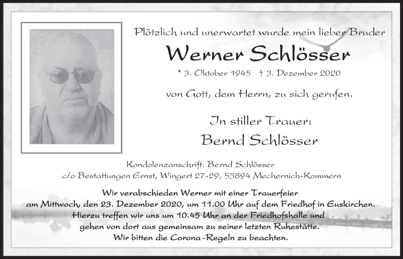  Traueranzeige für Werner Schlösser vom 19.12.2020 aus  Blickpunkt Euskirchen 