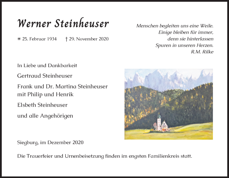  Traueranzeige für Werner Steinheuser vom 19.12.2020 aus Kölner Stadt-Anzeiger / Kölnische Rundschau / Express