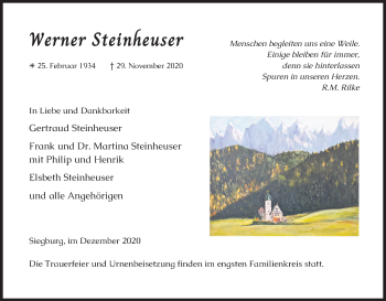 Anzeige von Werner Steinheuser von Kölner Stadt-Anzeiger / Kölnische Rundschau / Express