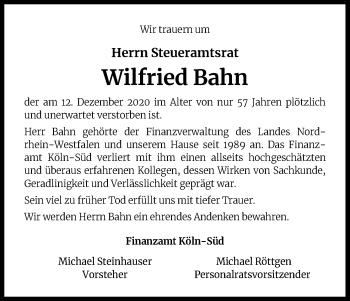 Anzeige von Wilfried Bahn von Kölner Stadt-Anzeiger / Kölnische Rundschau / Express