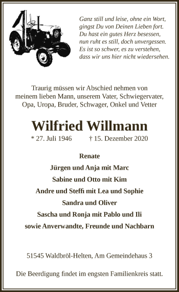 Anzeige von Wilfried Willmann von  Lokalanzeiger 