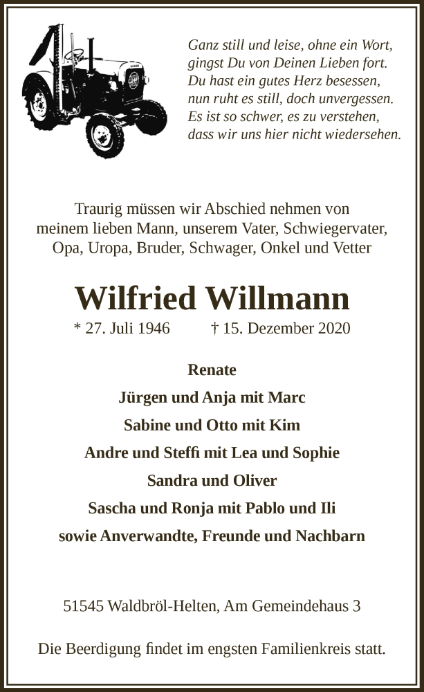  Traueranzeige für Wilfried Willmann vom 18.12.2020 aus  Lokalanzeiger 