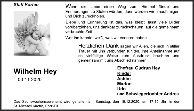  Traueranzeige für Wilhelm Hey vom 18.12.2020 aus  Kölner Wochenspiegel 