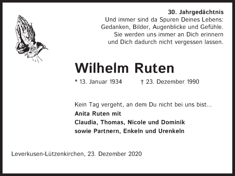  Traueranzeige für Wilhelm Ruten vom 23.12.2020 aus Kölner Stadt-Anzeiger / Kölnische Rundschau / Express