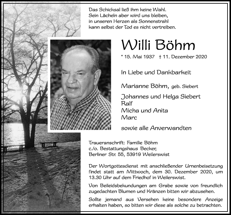  Traueranzeige für Willi Böhm vom 19.12.2020 aus  Blickpunkt Euskirchen 