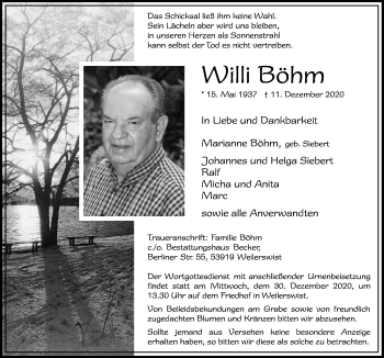 Anzeige von Willi Böhm von  Blickpunkt Euskirchen 