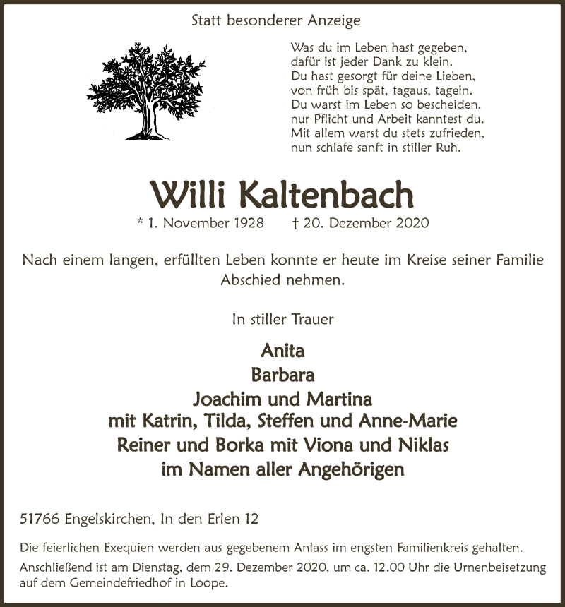  Traueranzeige für Willi Kaltenbach vom 28.12.2020 aus  Anzeigen Echo 