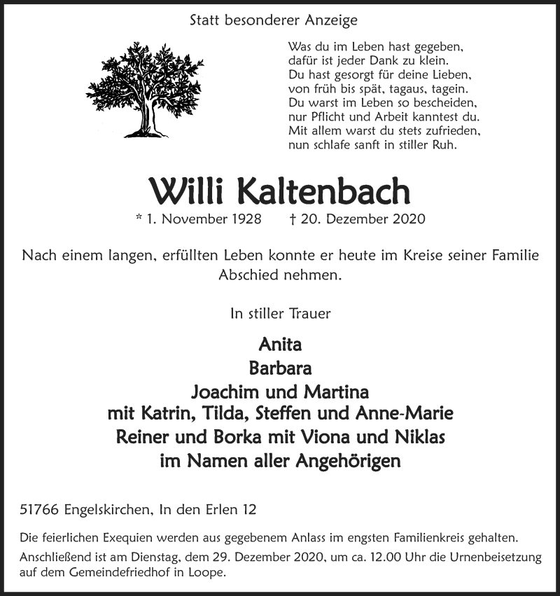  Traueranzeige für Willi Kaltenbach vom 22.12.2020 aus Kölner Stadt-Anzeiger / Kölnische Rundschau / Express