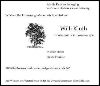 Anzeige von Willi Kluth von Kölner Stadt-Anzeiger / Kölnische Rundschau / Express