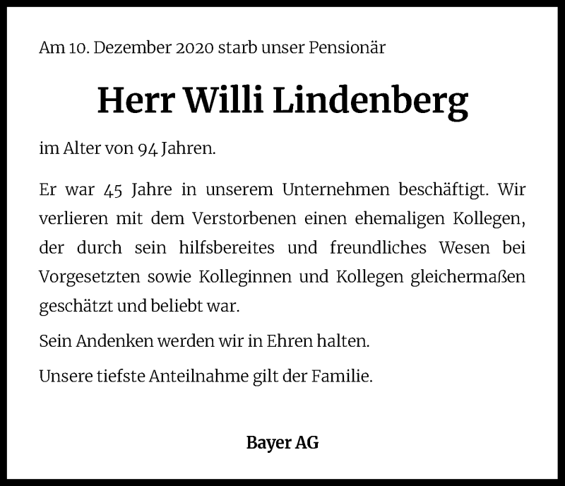  Traueranzeige für Willi Lindenberg vom 23.12.2020 aus Kölner Stadt-Anzeiger / Kölnische Rundschau / Express
