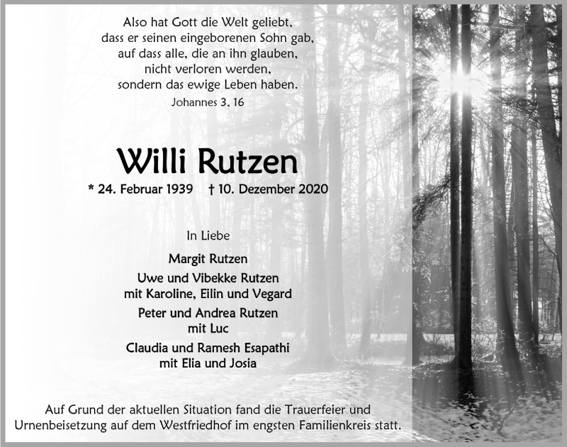  Traueranzeige für Willi Rutzen vom 28.12.2020 aus  Anzeigen Echo 