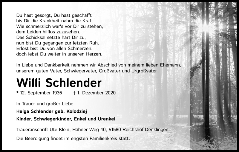  Traueranzeige für Willi Schlender vom 05.12.2020 aus Kölner Stadt-Anzeiger / Kölnische Rundschau / Express