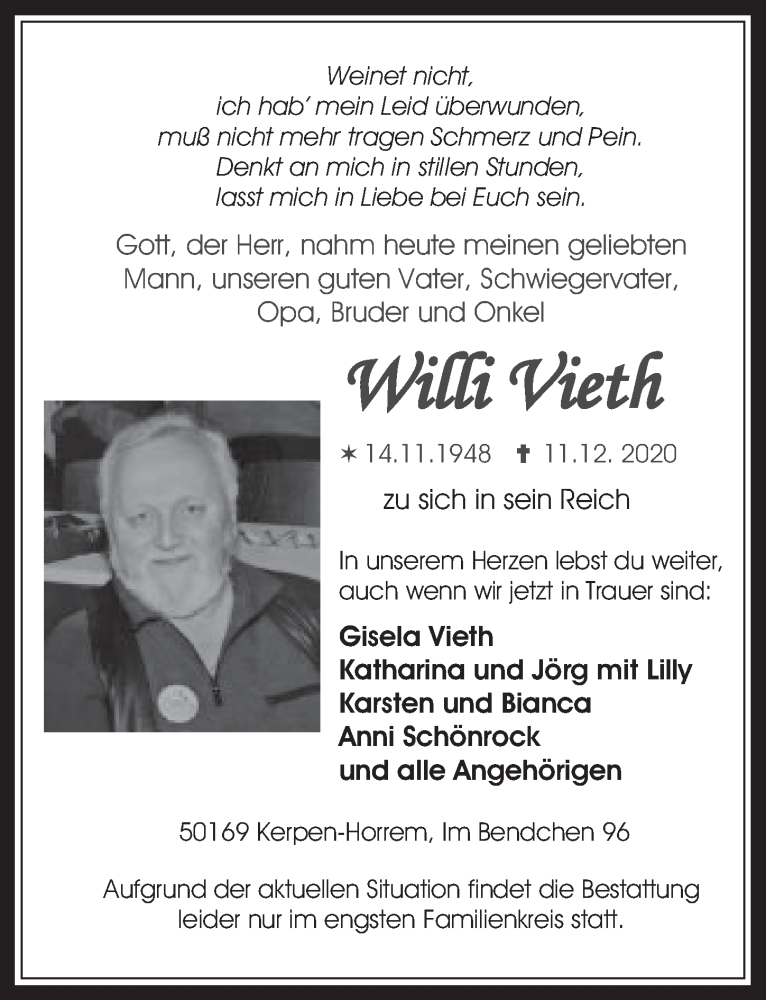  Traueranzeige für Willi Vieth vom 18.12.2020 aus  Werbepost 