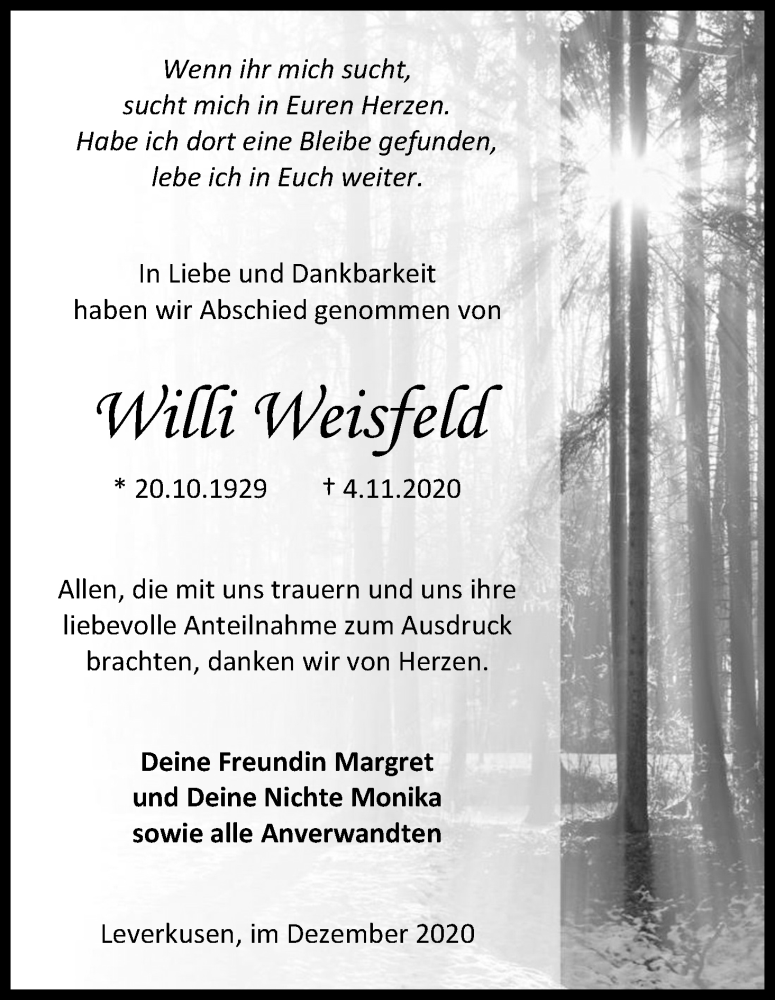  Traueranzeige für Willi Weisfeld vom 12.12.2020 aus Kölner Stadt-Anzeiger / Kölnische Rundschau / Express