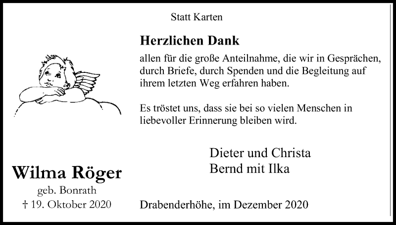 Traueranzeige für Wilma Röger vom 05.12.2020 aus Kölner Stadt-Anzeiger / Kölnische Rundschau / Express