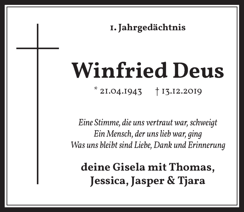  Traueranzeige für Winfried Deus vom 18.12.2020 aus  Werbepost 