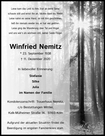 Anzeige von Winfried Nemitz von Kölner Stadt-Anzeiger / Kölnische Rundschau / Express