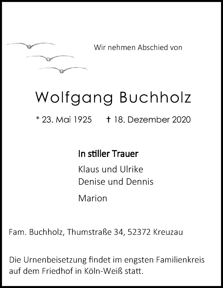  Traueranzeige für Wolfgang Buchholz vom 30.12.2020 aus Kölner Stadt-Anzeiger / Kölnische Rundschau / Express