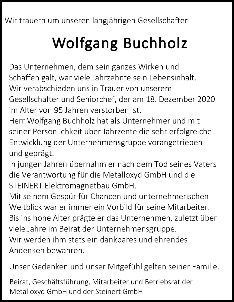  Traueranzeige für Wolfgang Buchholz vom 30.12.2020 aus Kölner Stadt-Anzeiger / Kölnische Rundschau / Express