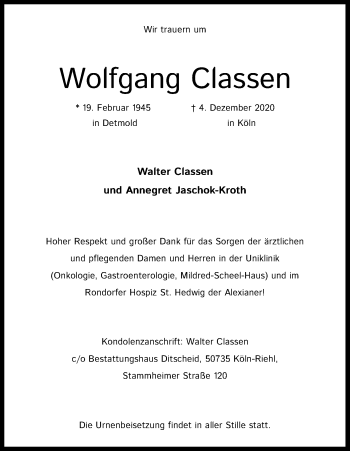 Anzeige von Wolfgang Classen von Kölner Stadt-Anzeiger / Kölnische Rundschau / Express