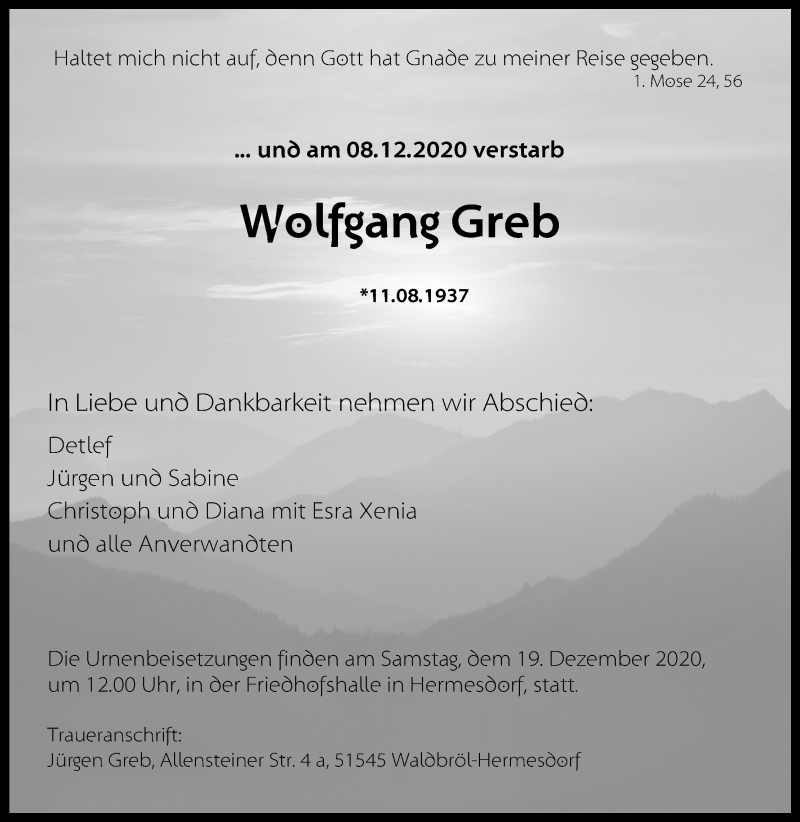  Traueranzeige für Wolfgang Greb vom 12.12.2020 aus Kölner Stadt-Anzeiger / Kölnische Rundschau / Express