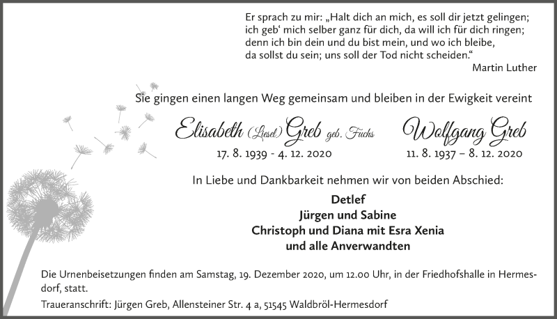  Traueranzeige für Wolfgang Greb vom 11.12.2020 aus  Lokalanzeiger 