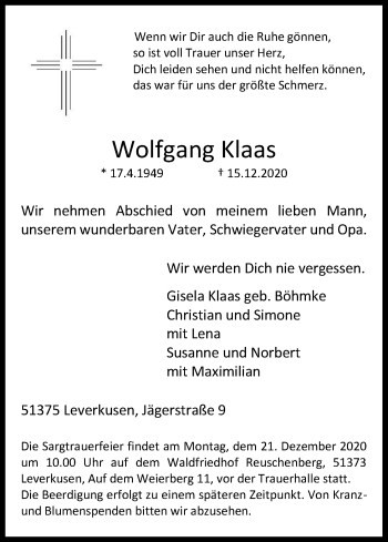 Anzeige von Wolfgang Klaas von Kölner Stadt-Anzeiger / Kölnische Rundschau / Express
