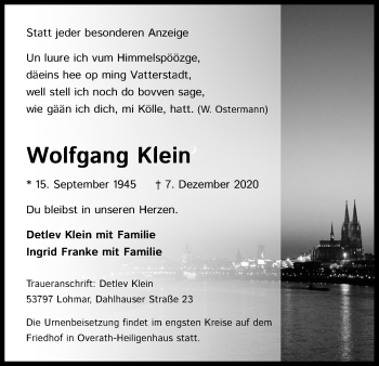 Anzeige von Wolfgang Klein von Kölner Stadt-Anzeiger / Kölnische Rundschau / Express