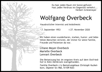 Anzeige von Wolfgang Overbeck von Kölner Stadt-Anzeiger / Kölnische Rundschau / Express