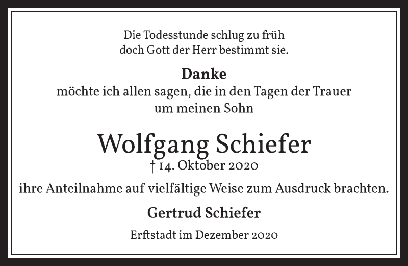  Traueranzeige für Wolfgang Schiefer vom 11.12.2020 aus  Werbepost 