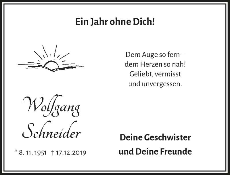  Traueranzeige für Wolfgang Schneider vom 18.12.2020 aus  Lokalanzeiger 