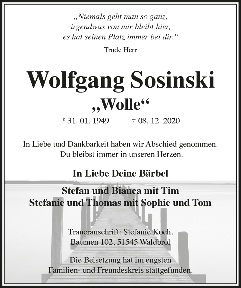  Traueranzeige für Wolfgang Sosinski vom 18.12.2020 aus  Lokalanzeiger 