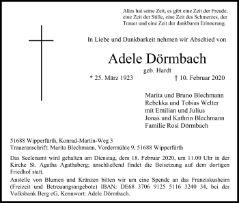 Anzeige von Adele Dörmbach von Kölner Stadt-Anzeiger / Kölnische Rundschau / Express