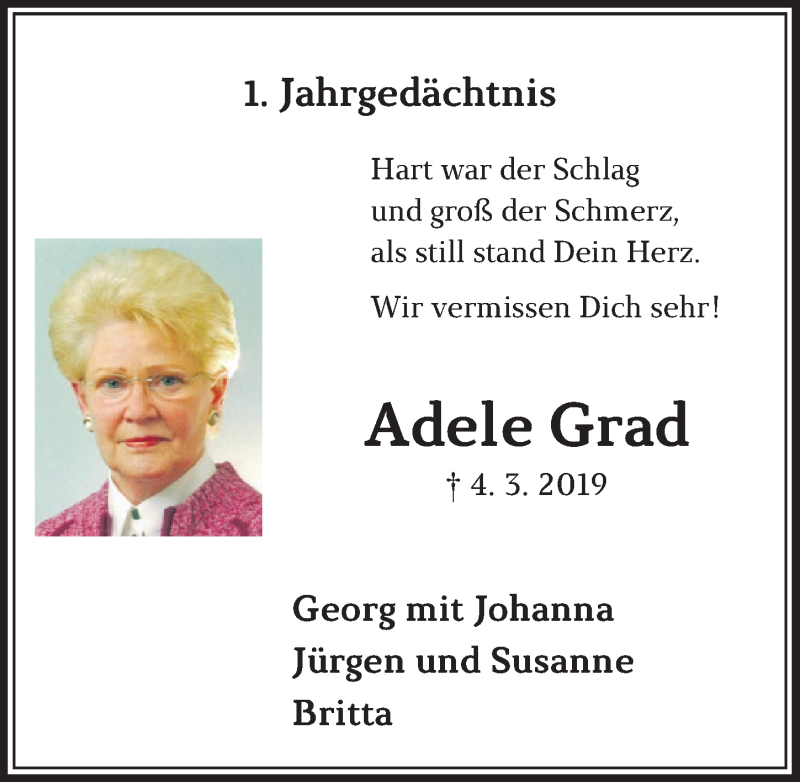  Traueranzeige für Adele Grad vom 12.02.2020 aus  Schlossbote/Werbekurier 
