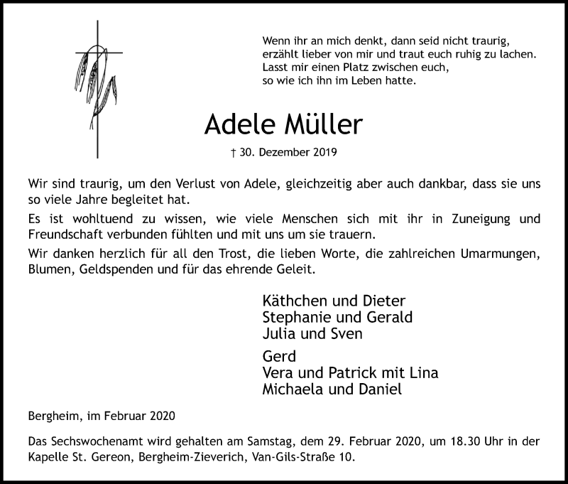  Traueranzeige für Adele Müller vom 29.02.2020 aus Kölner Stadt-Anzeiger / Kölnische Rundschau / Express