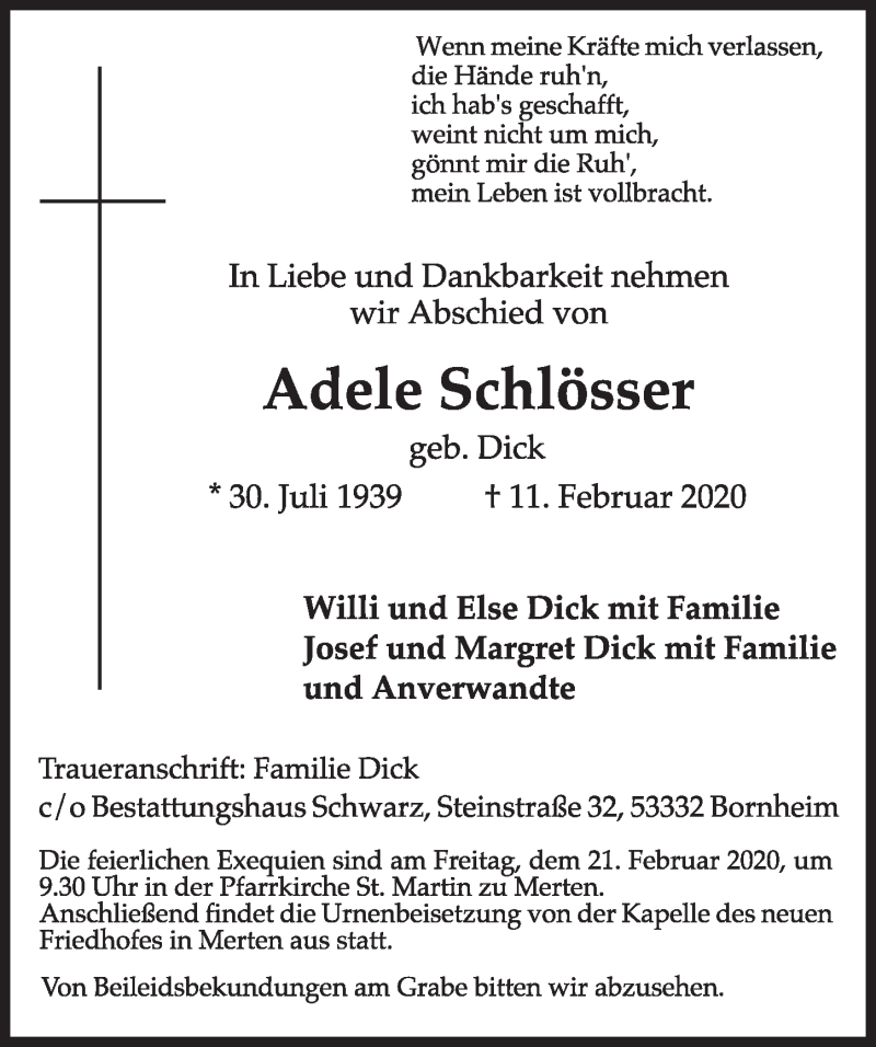  Traueranzeige für Adele Schlösser vom 19.02.2020 aus  Schlossbote/Werbekurier 