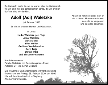 Anzeige von Adolf Waletzke von Kölner Stadt-Anzeiger / Kölnische Rundschau / Express