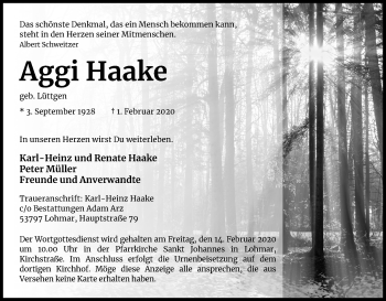Anzeige von Aggi Haake von Kölner Stadt-Anzeiger / Kölnische Rundschau / Express