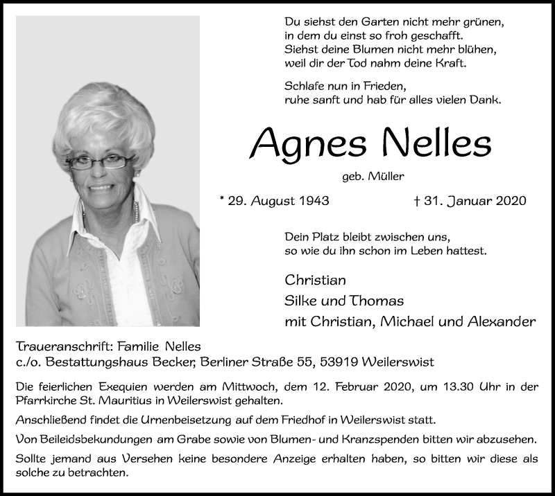  Traueranzeige für Agnes Nelles vom 08.02.2020 aus  Blickpunkt Euskirchen 