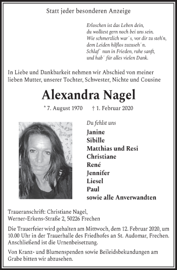Anzeige von Alexandra Nagel von  Sonntags-Post 
