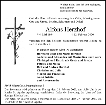 Anzeige von Alfons Herzhof von Kölner Stadt-Anzeiger / Kölnische Rundschau / Express