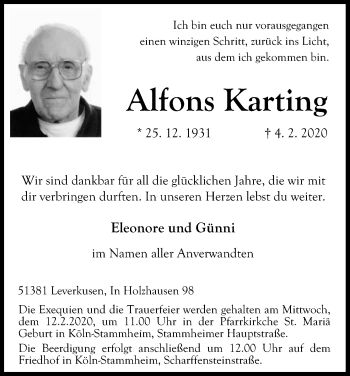 Anzeige von Alfons Karting von Kölner Stadt-Anzeiger / Kölnische Rundschau / Express