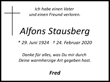 Anzeige von Alfons Stausberg von Kölner Stadt-Anzeiger / Kölnische Rundschau / Express