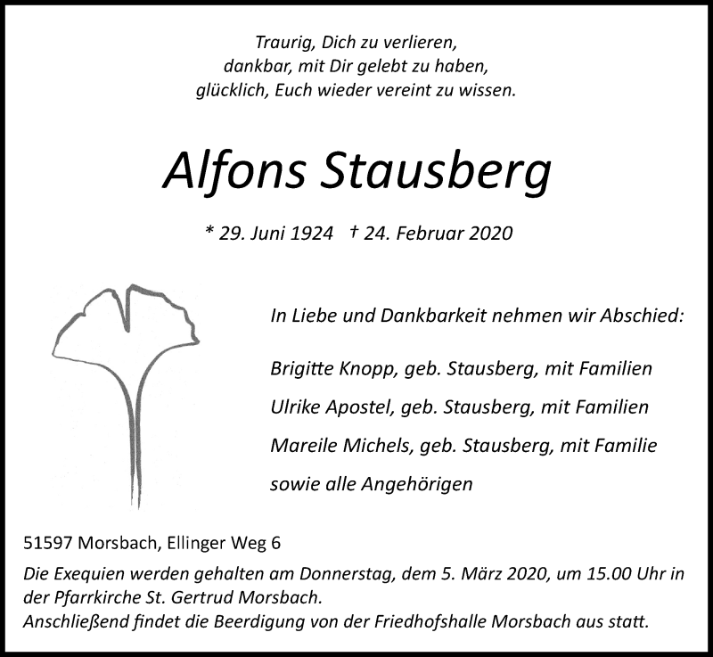  Traueranzeige für Alfons Stausberg vom 29.02.2020 aus Kölner Stadt-Anzeiger / Kölnische Rundschau / Express