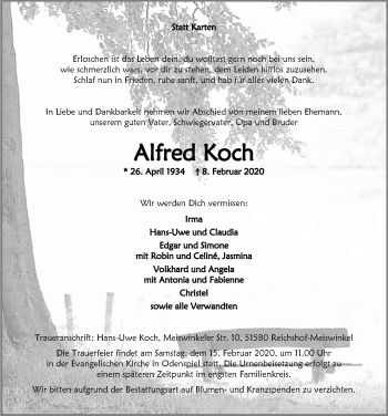 Anzeige von Alfred Koch von  Lokalanzeiger 