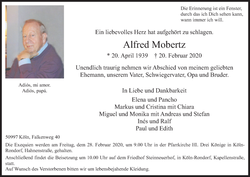  Traueranzeige für Alfred Mobertz vom 26.02.2020 aus Kölner Stadt-Anzeiger / Kölnische Rundschau / Express