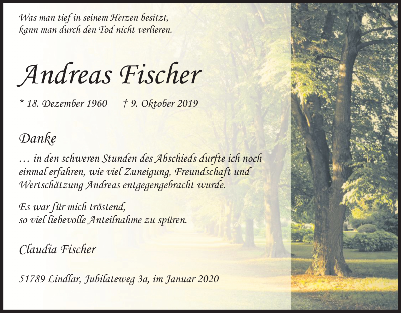  Traueranzeige für Andreas Fischer vom 08.02.2020 aus Kölner Stadt-Anzeiger / Kölnische Rundschau / Express