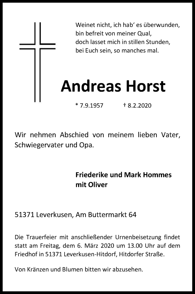  Traueranzeige für Andreas Horst vom 29.02.2020 aus Kölner Stadt-Anzeiger / Kölnische Rundschau / Express
