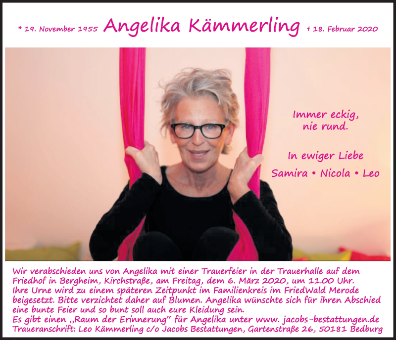  Traueranzeige für Angelika Kämmerling vom 29.02.2020 aus  Sonntags-Post 