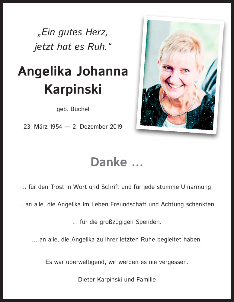  Traueranzeige für Angelika Johanna Karpinski vom 08.02.2020 aus Kölner Stadt-Anzeiger / Kölnische Rundschau / Express